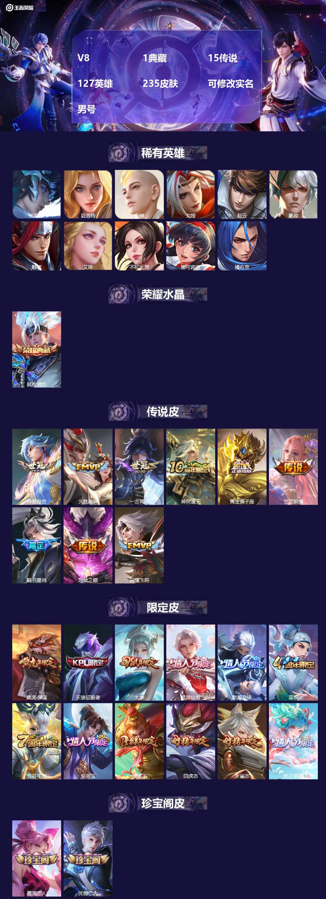 王者荣耀账号安卓QQ127英雄-235皮肤-[]V8 1典藏 15传说 127英雄 235皮肤 可修改实名 男号 
【英