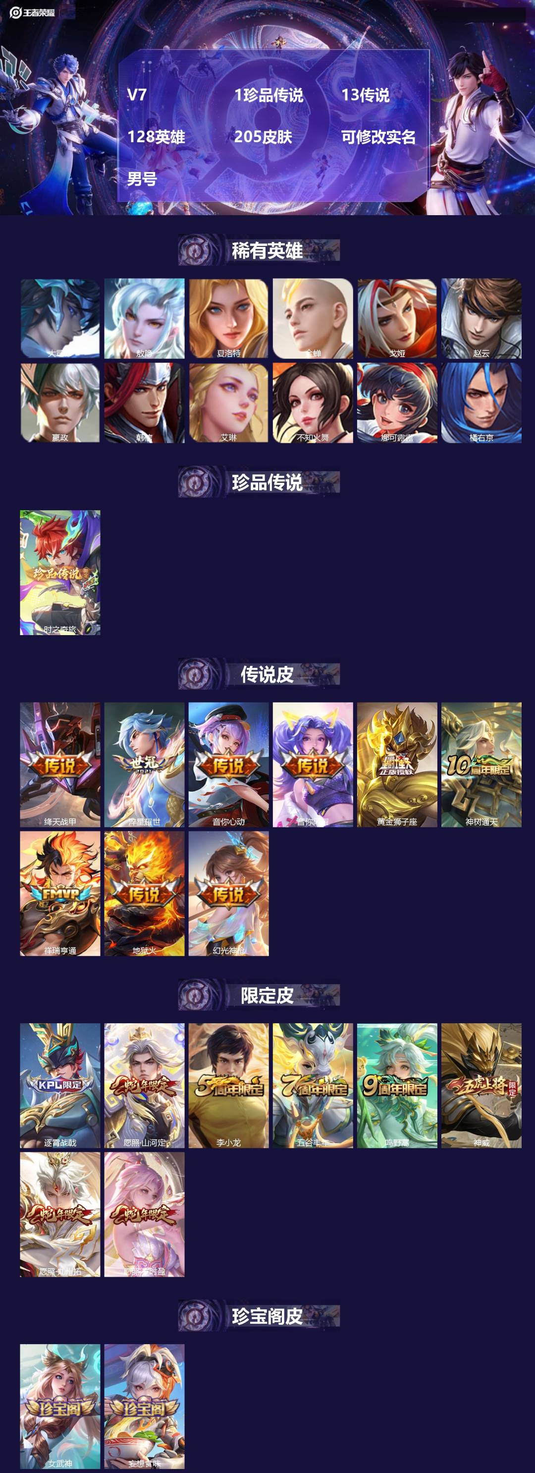 王者荣耀账号安卓QQ128英雄-205皮肤-[]V7 1珍品传说 13传说 128英雄 205皮肤 可修改实名 男号 
