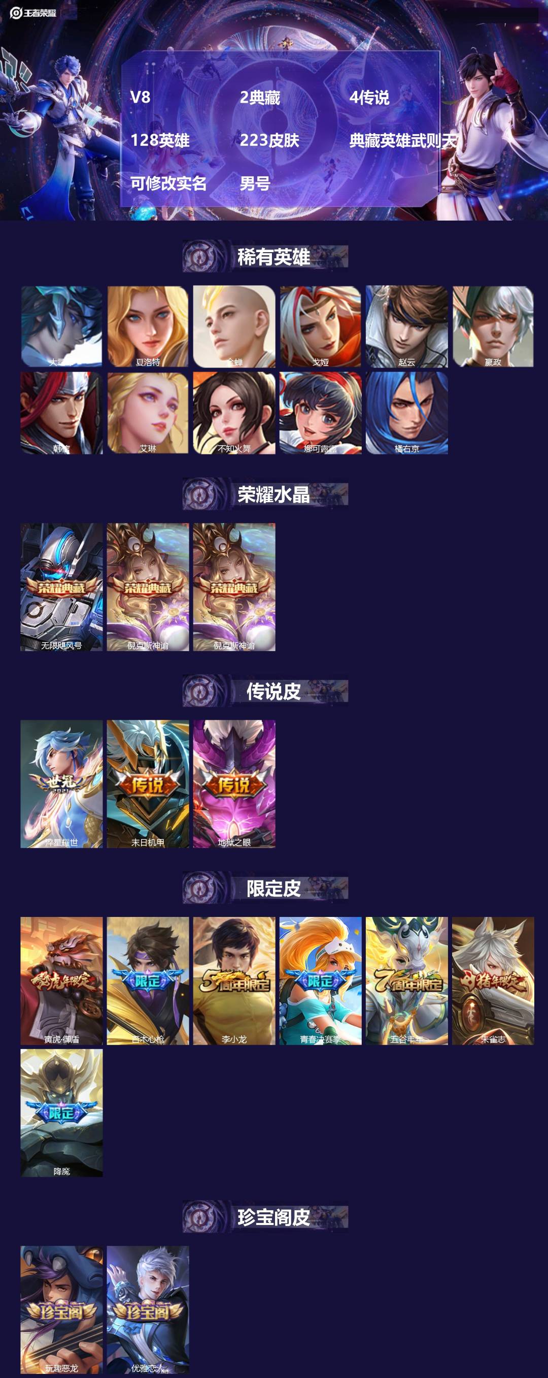 王者荣耀账号安卓QQ128英雄-224皮肤-[]V8 2典藏 4传说 128英雄 223皮肤 典藏英雄武则天 可修改实名