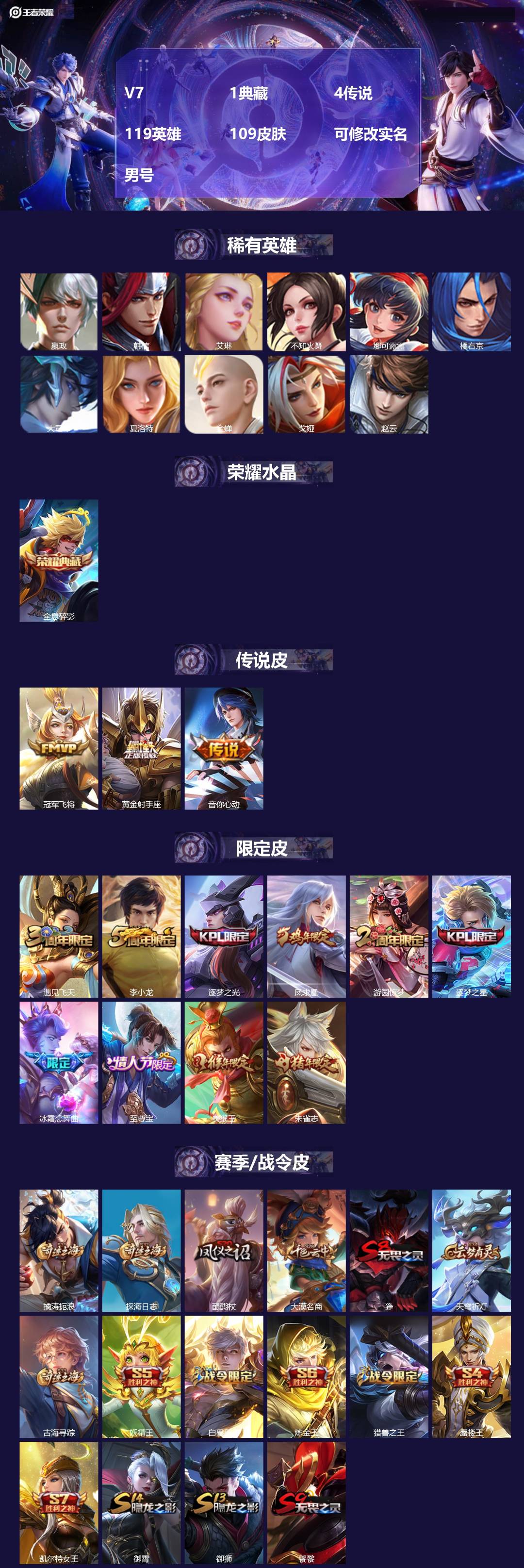 王者荣耀账号苹果QQ119英雄-109皮肤-[]V7 1典藏 4传说 119英雄 109皮肤 可修改实名 男号 
【稀有