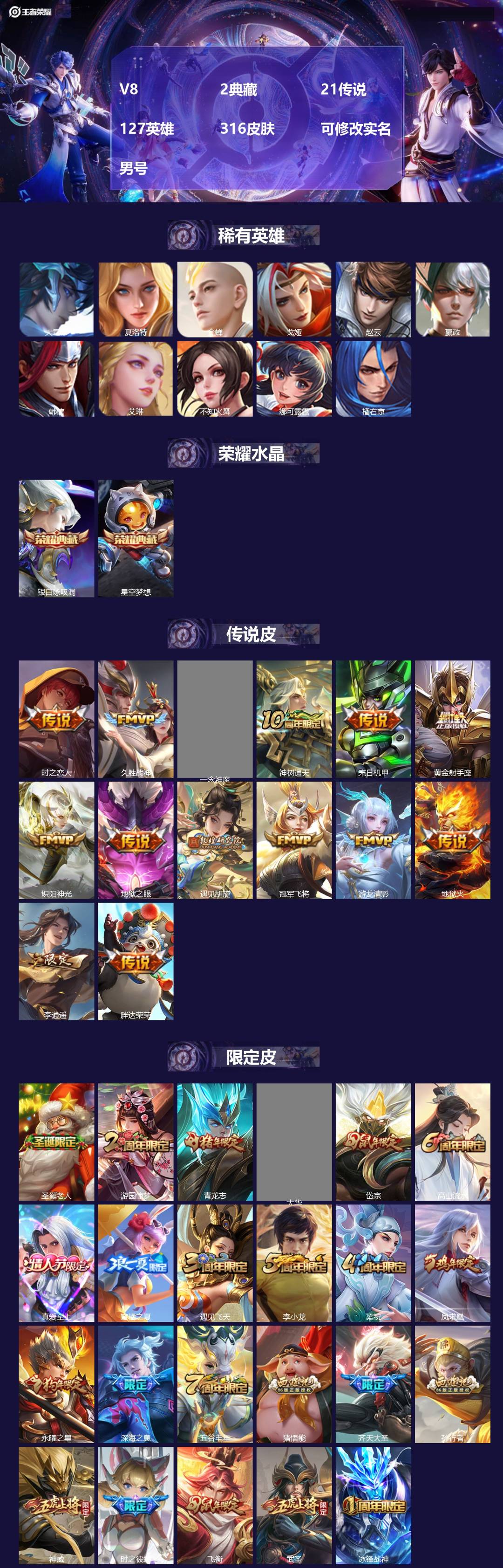 王者荣耀账号安卓QQ127英雄-316皮肤-[]V8 2典藏 21传说 127英雄 316皮肤 可修改实名 男号 
【英