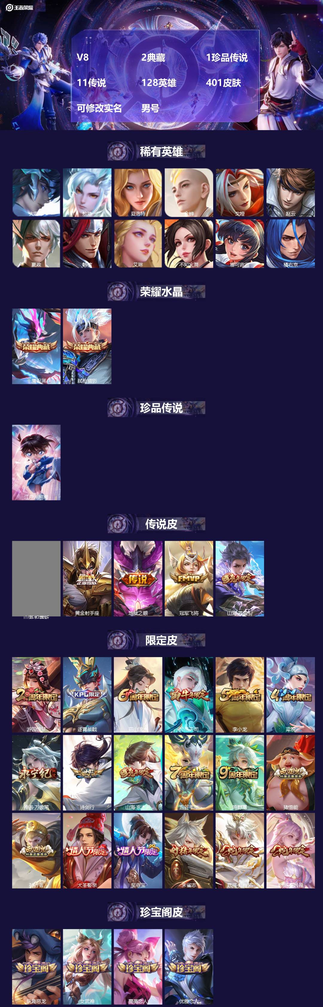 王者荣耀账号安卓QQ128英雄-401皮肤-[]V8 2典藏 1珍品传说 11传说 128英雄 401皮肤 可修改实名 