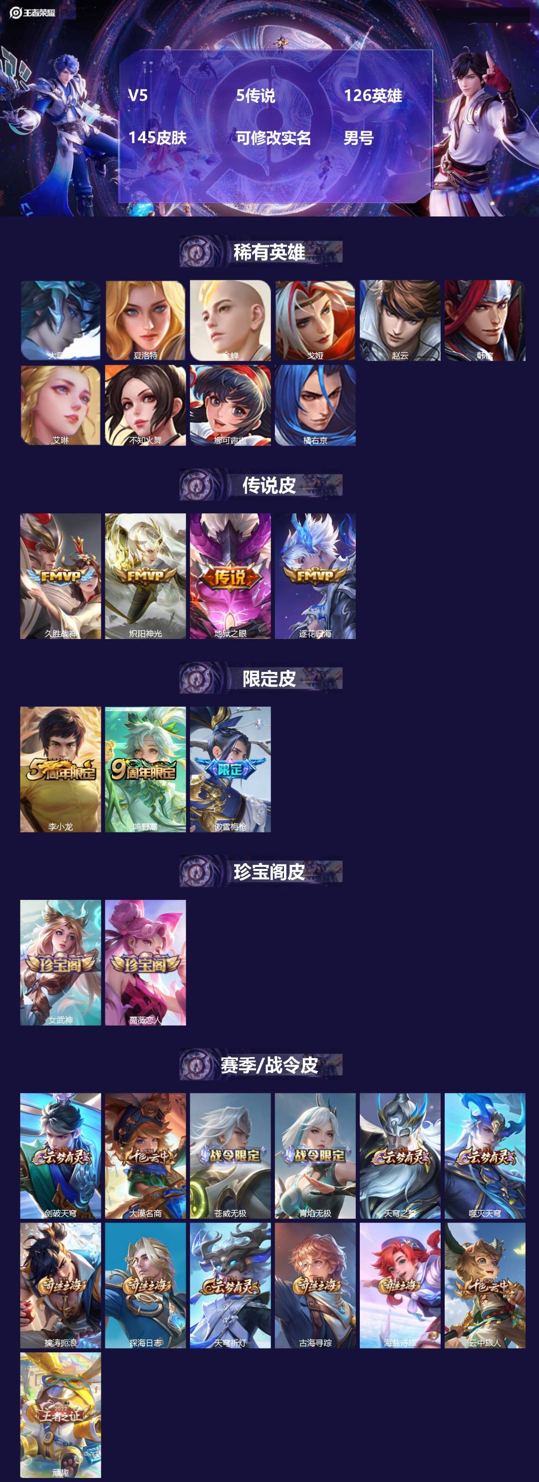 王者荣耀账号安卓QQ126英雄-145皮肤-[]V5 5传说 126英雄 145皮肤 可修改实名 男号 
【英雄全皮】大