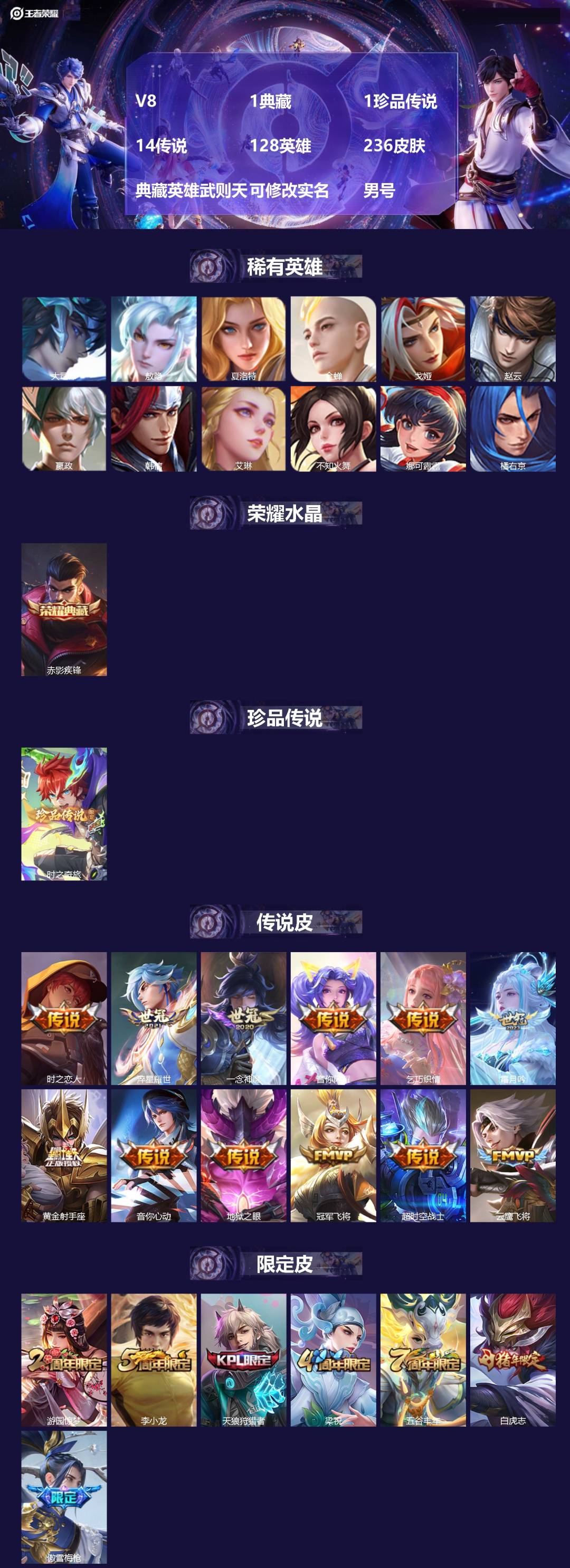 王者荣耀账号安卓QQ128英雄-236皮肤-[]V8 1典藏 1珍品传说 14传说 128英雄 236皮肤 典藏英雄武则