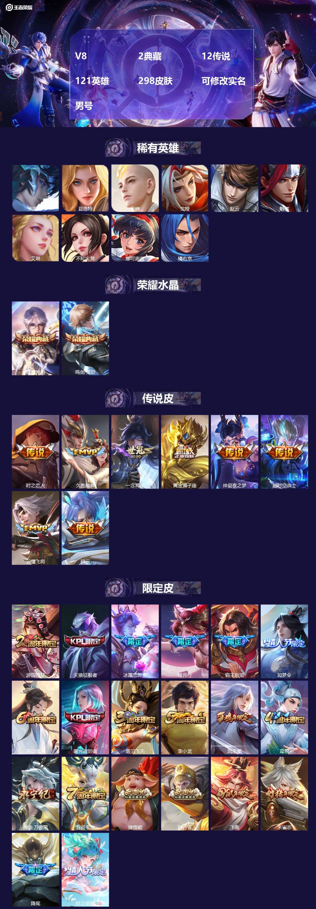 王者荣耀账号安卓QQ121英雄-298皮肤-[]V8 2典藏 12传说 121英雄 298皮肤 可修改实名 男号 
【英