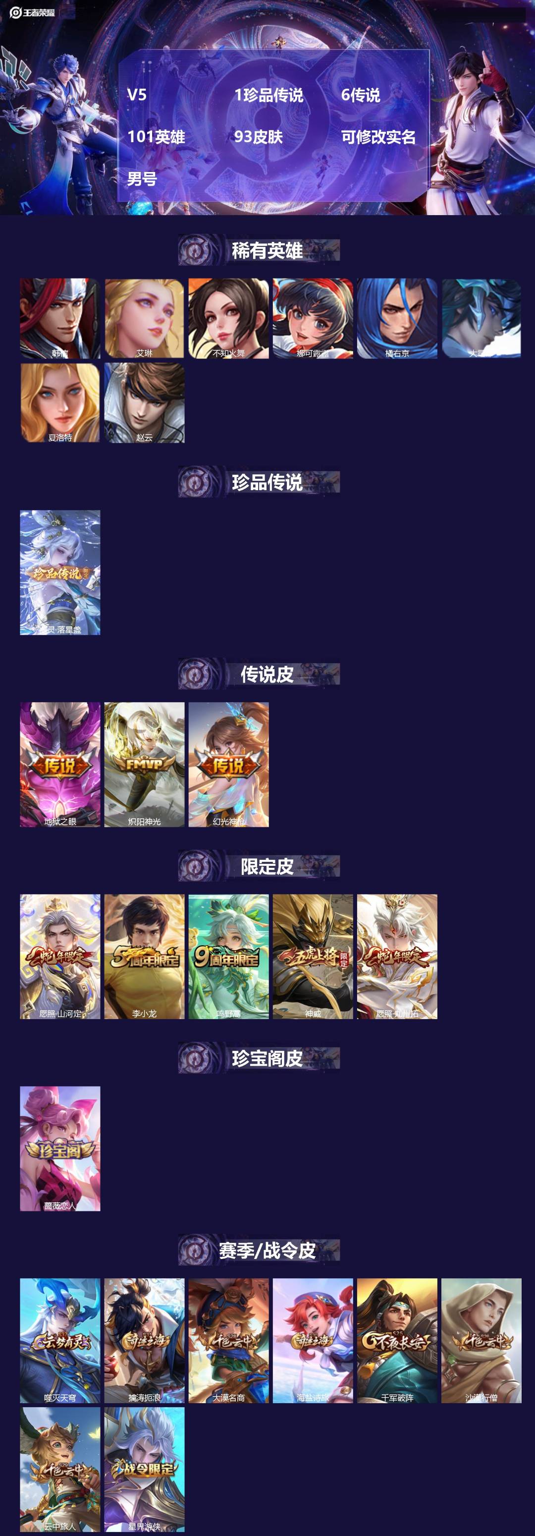 王者荣耀账号安卓QQ101英雄-93皮肤-[]V5 1珍品传说 6传说 101英雄 93皮肤 可修改实名 男号 
【稀有