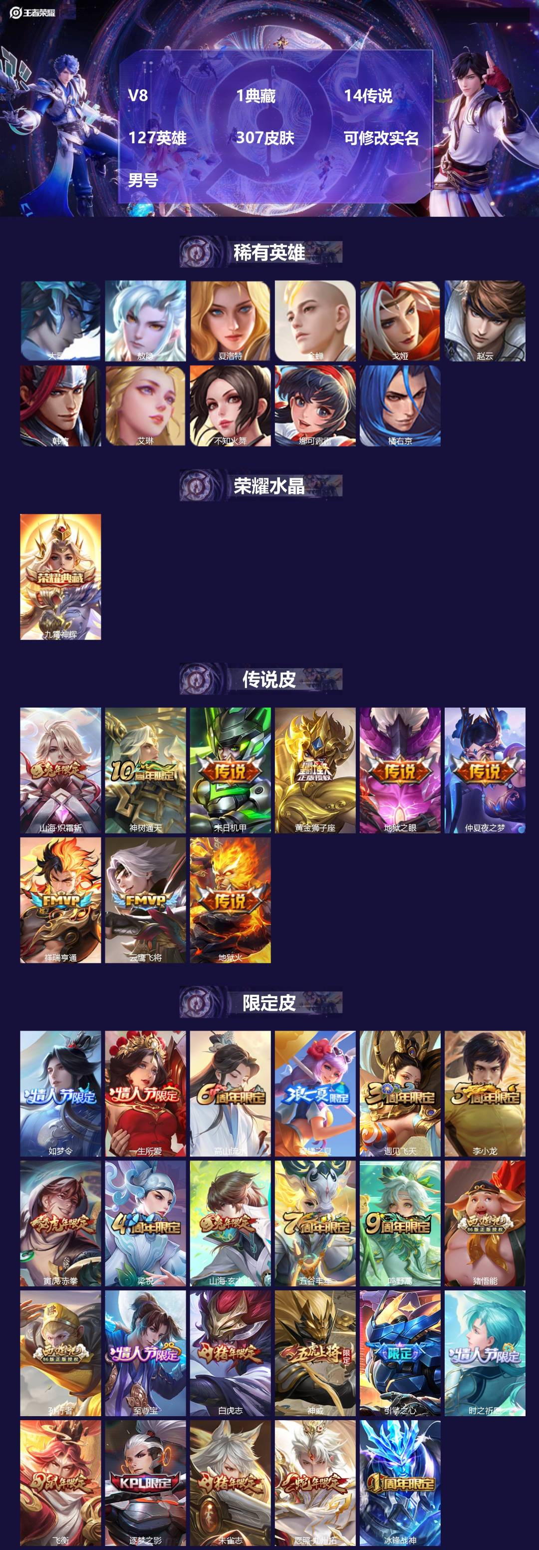 王者荣耀账号苹果QQ127英雄-307皮肤-[]V8 1典藏 14传说 127英雄 307皮肤 可修改实名 男号 
【英