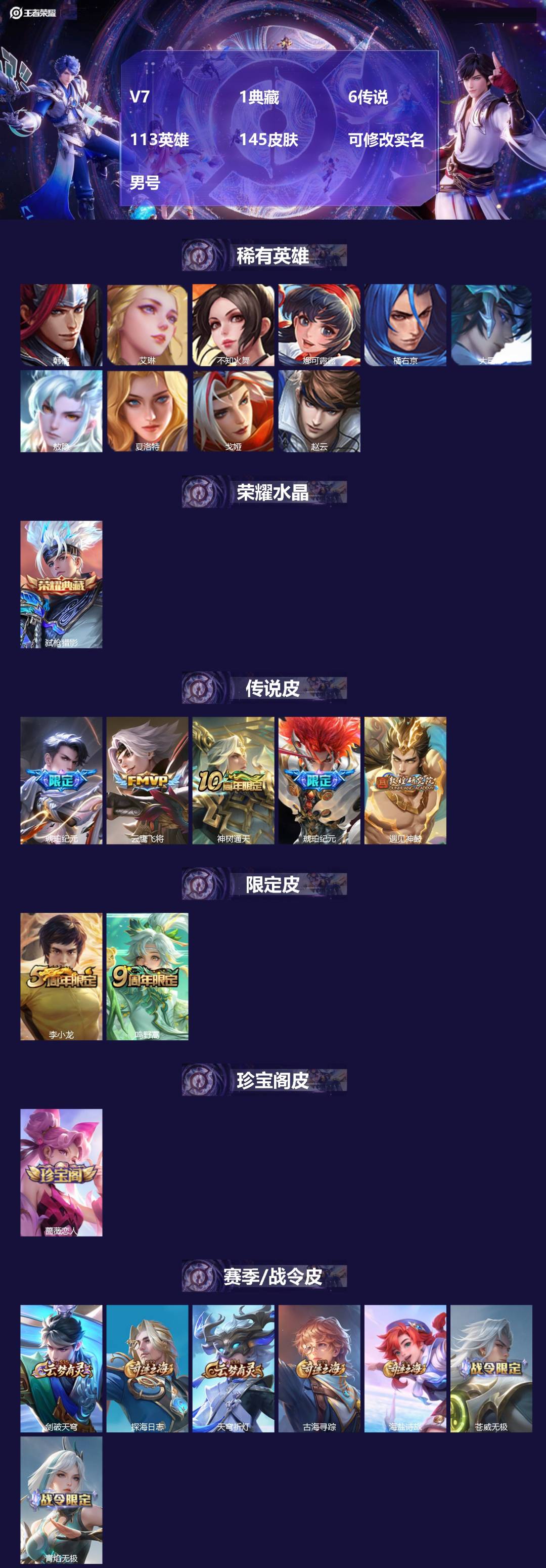 王者荣耀账号安卓QQ113英雄-145皮肤-[]V7 1典藏 6传说 113英雄 145皮肤 可修改实名 男号 
【英雄