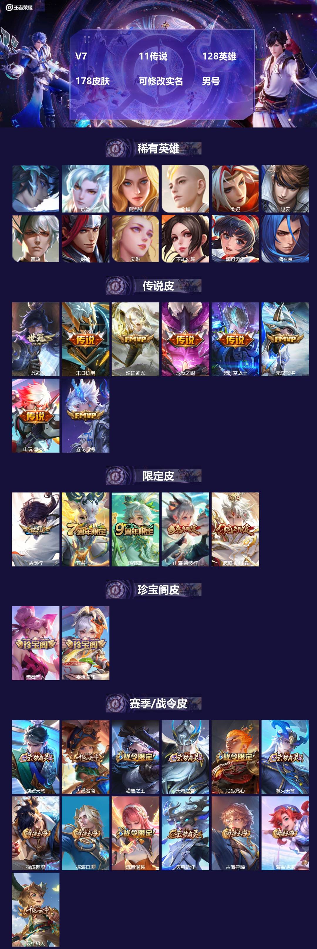 王者荣耀账号安卓QQ128英雄-178皮肤-[]V7 11传说 128英雄 178皮肤 可修改实名 男号 
【英雄全皮】