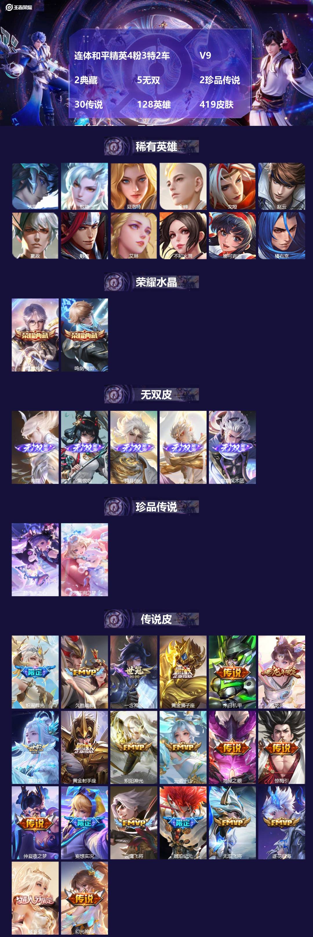 王者荣耀账号苹果QQ128英雄-419皮肤-[]连体和平精英4粉3特2车  V9 2典藏 5无双 2珍品传说 30传说 