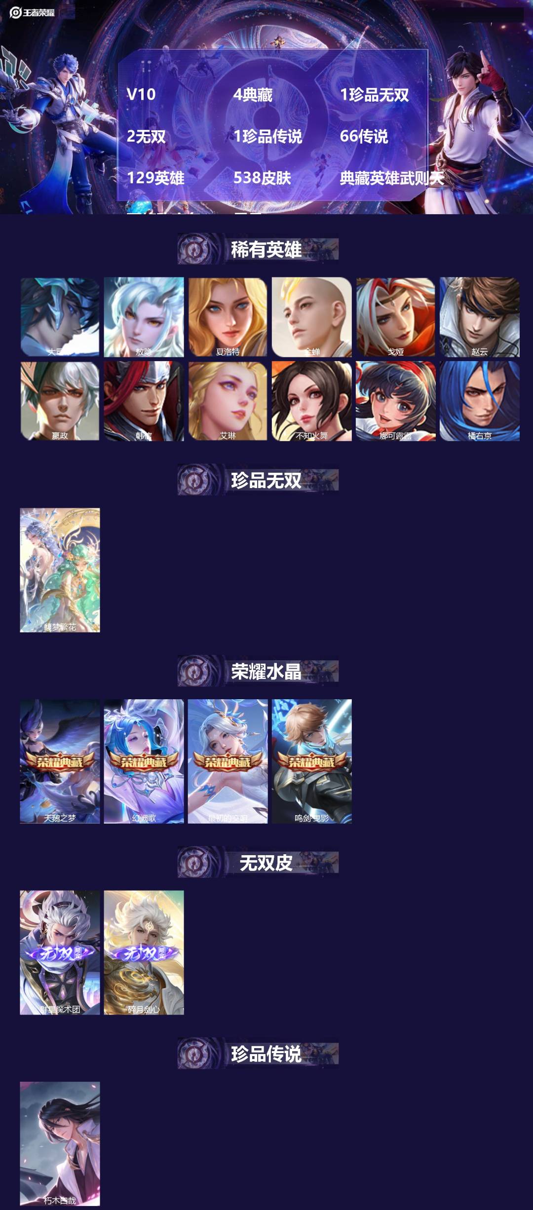 王者荣耀账号苹果QQ129英雄-538皮肤-[]V10 4典藏 1珍品无双 2无双 1珍品传说 66传说 129英雄 5