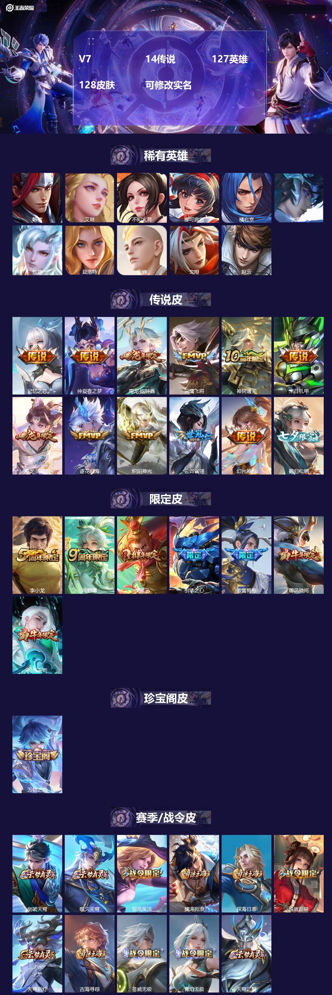 王者荣耀账号安卓VX127英雄-128皮肤-[]V7 14传说 127英雄 128皮肤 可修改实名 
【英雄全皮】敖隐全