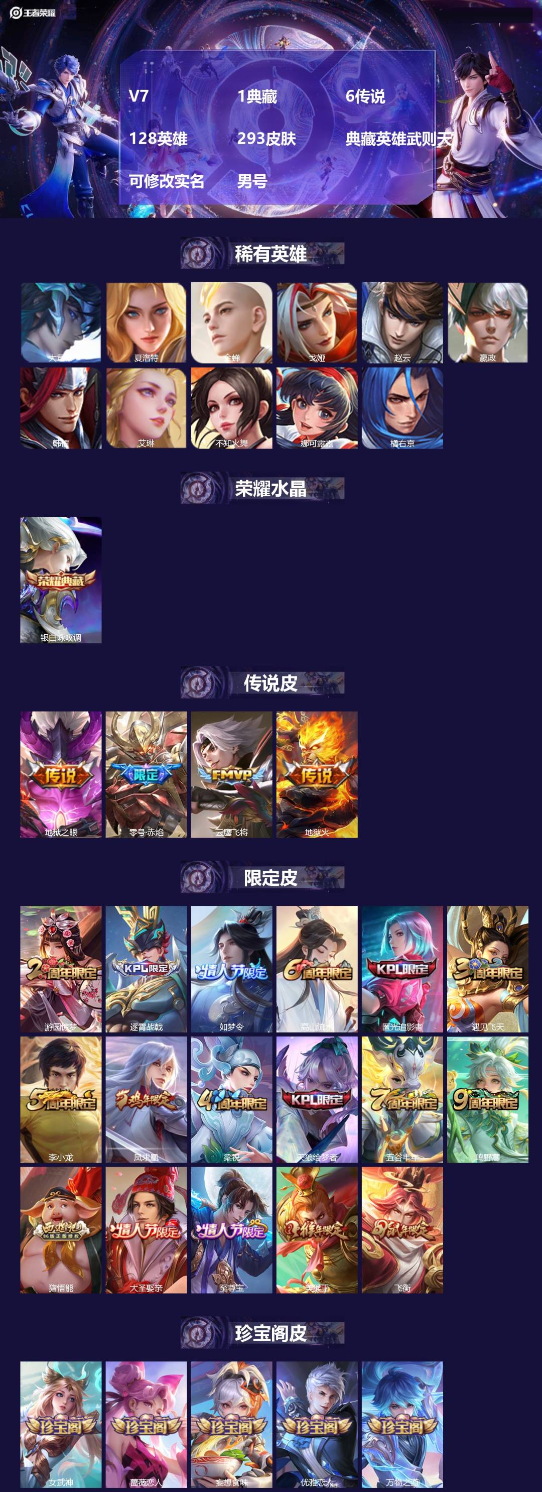 王者荣耀账号安卓QQ128英雄-293皮肤-[]V7 1典藏 6传说 128英雄 293皮肤 典藏英雄武则天 可修改实名