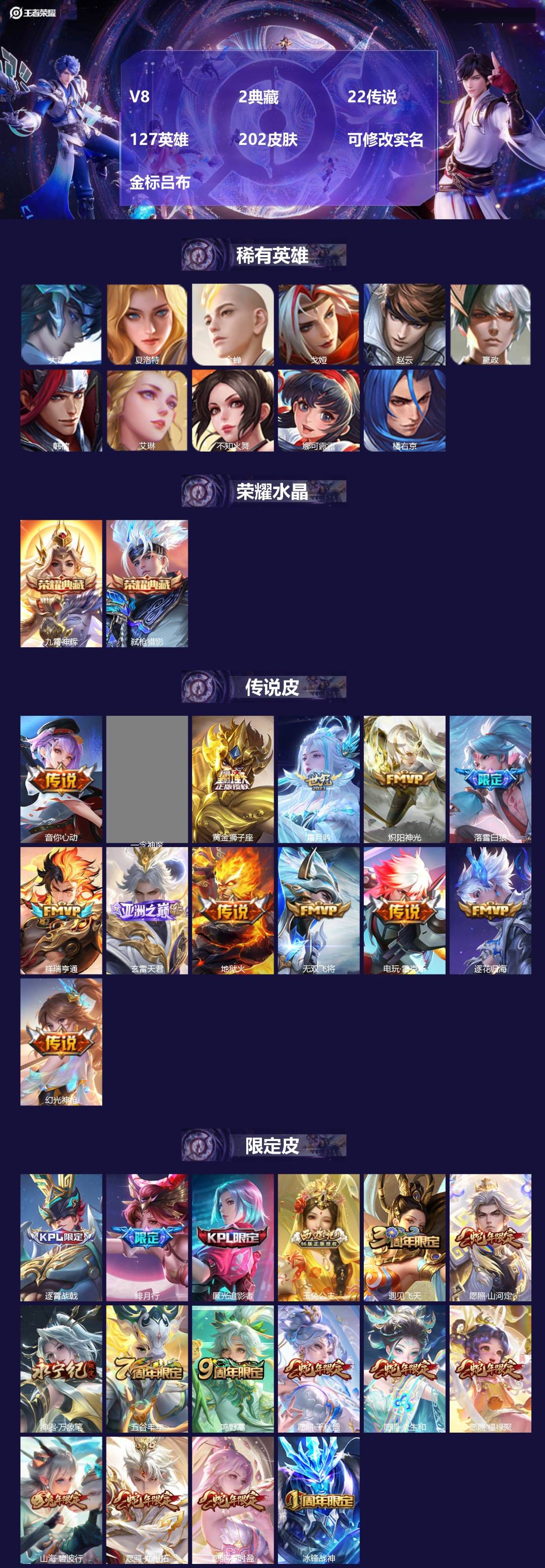 王者荣耀账号安卓VX127英雄-202皮肤-[]V8 2典藏 22传说 127英雄 202皮肤 可修改实名 金标吕布
【