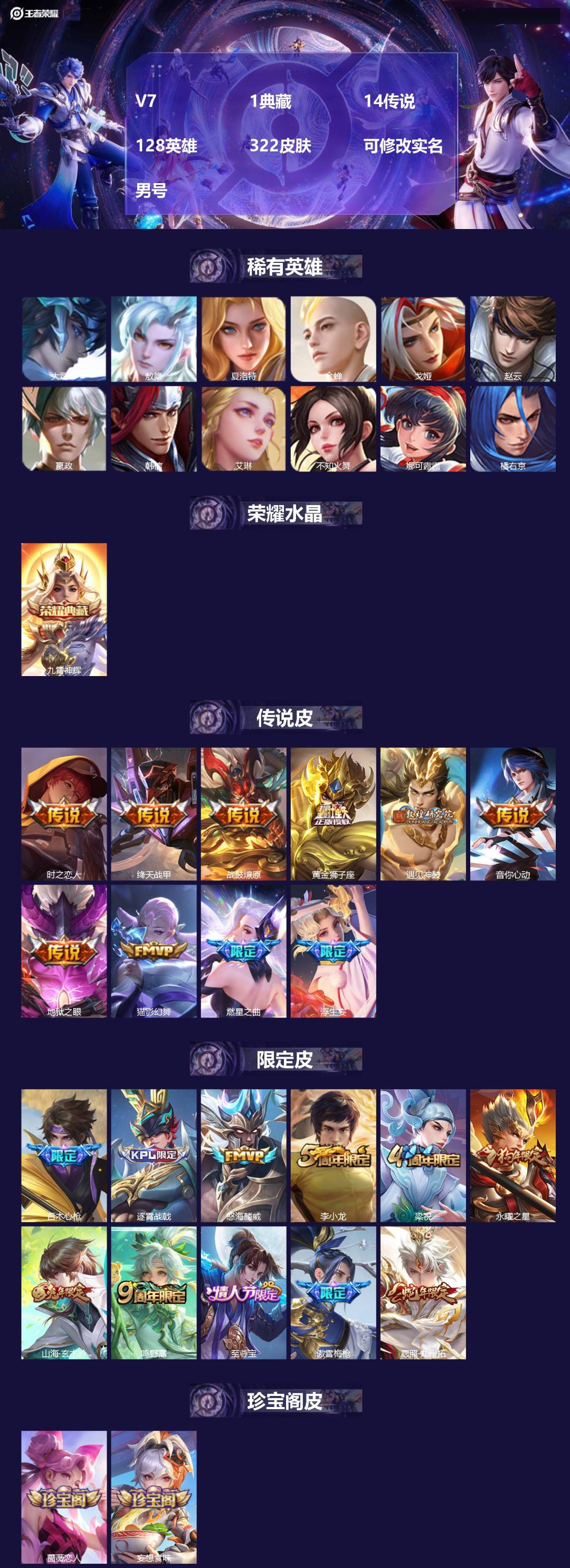王者荣耀账号苹果QQ128英雄-322皮肤-[]V7 1典藏 14传说 128英雄 322皮肤 可修改实名 男号 
【英