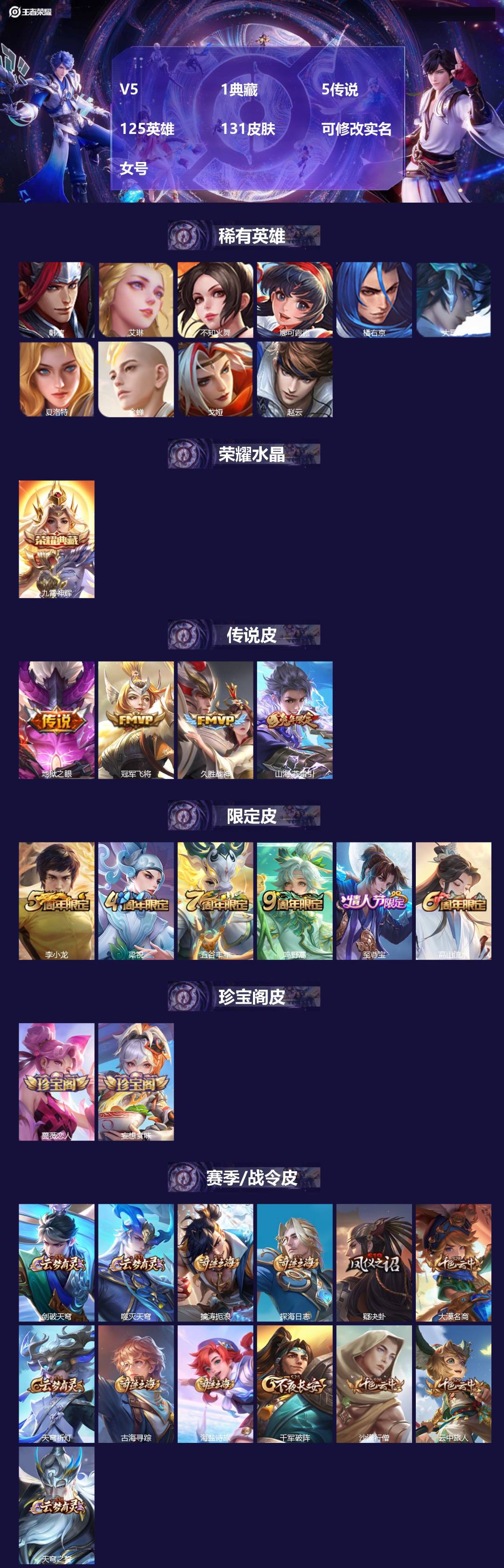 王者荣耀账号苹果QQ125英雄-131皮肤-[]V5 1典藏 5传说 125英雄 131皮肤 可修改实名 女号 
【稀有