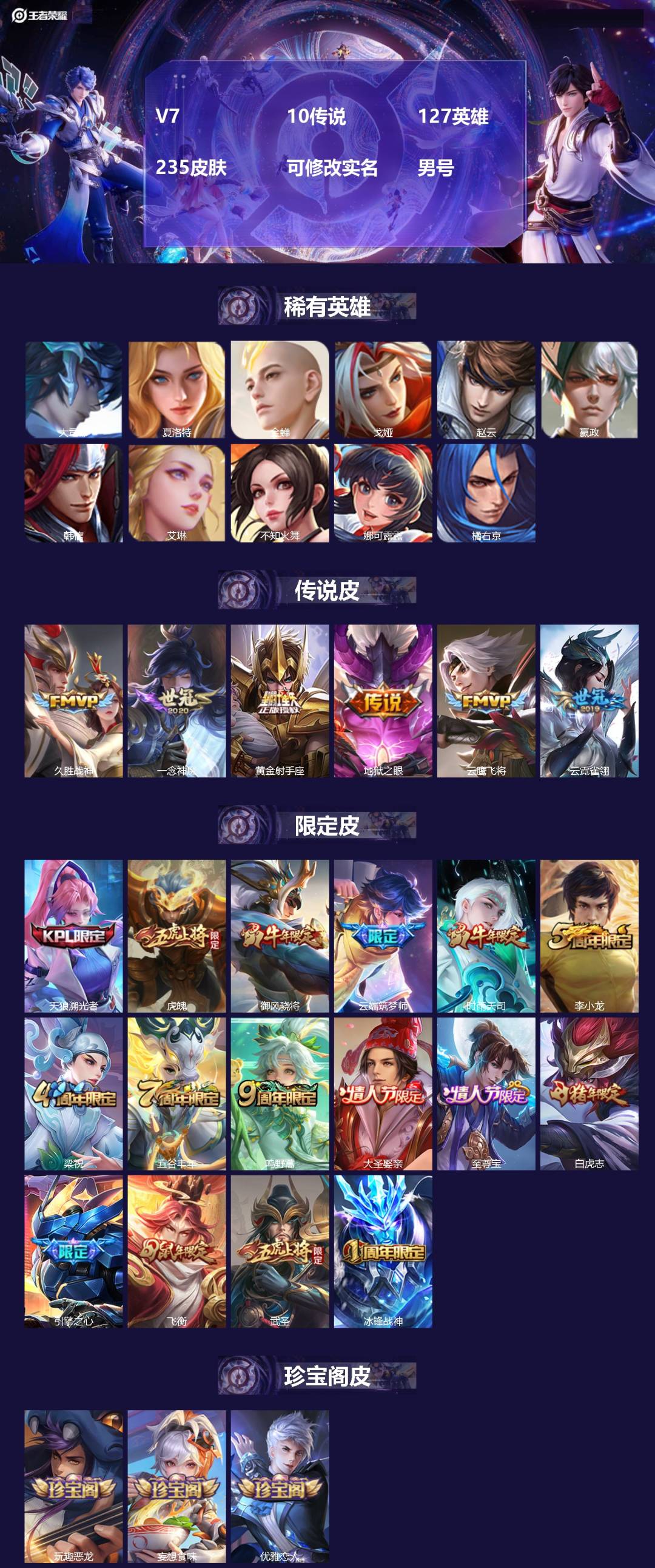 王者荣耀账号安卓QQ127英雄-235皮肤-[]V7 10传说 127英雄 235皮肤 可修改实名 男号 
【英雄全皮】