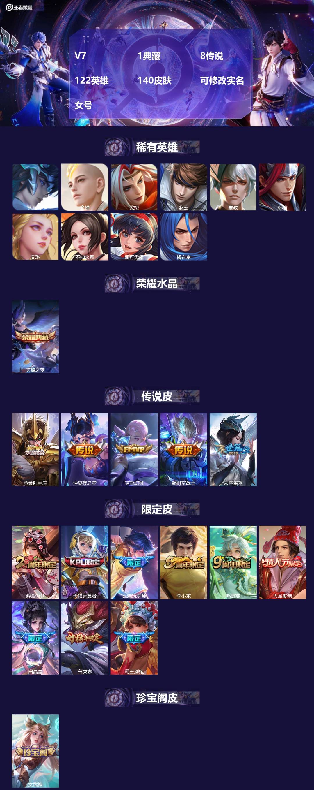 王者荣耀账号安卓QQ[16926701]V7 1典藏 8传说 122英雄 140皮肤 可修改实名 女号 
【稀有英雄】大