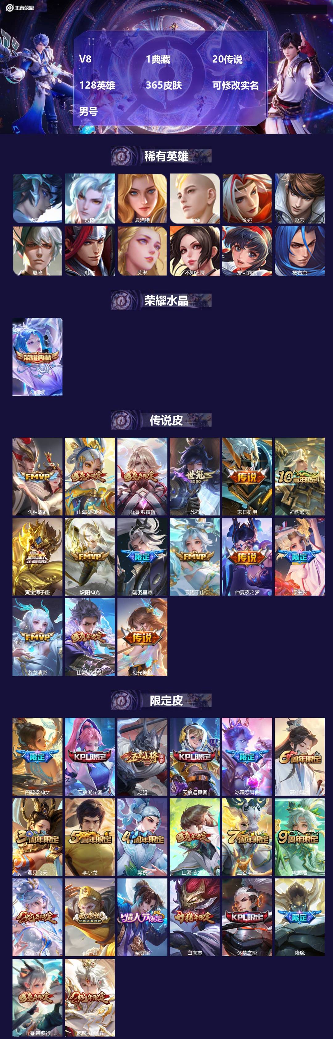 王者荣耀账号安卓QQ128英雄-365皮肤-[]V8 1典藏 20传说 128英雄 365皮肤 可修改实名 男号 
【英