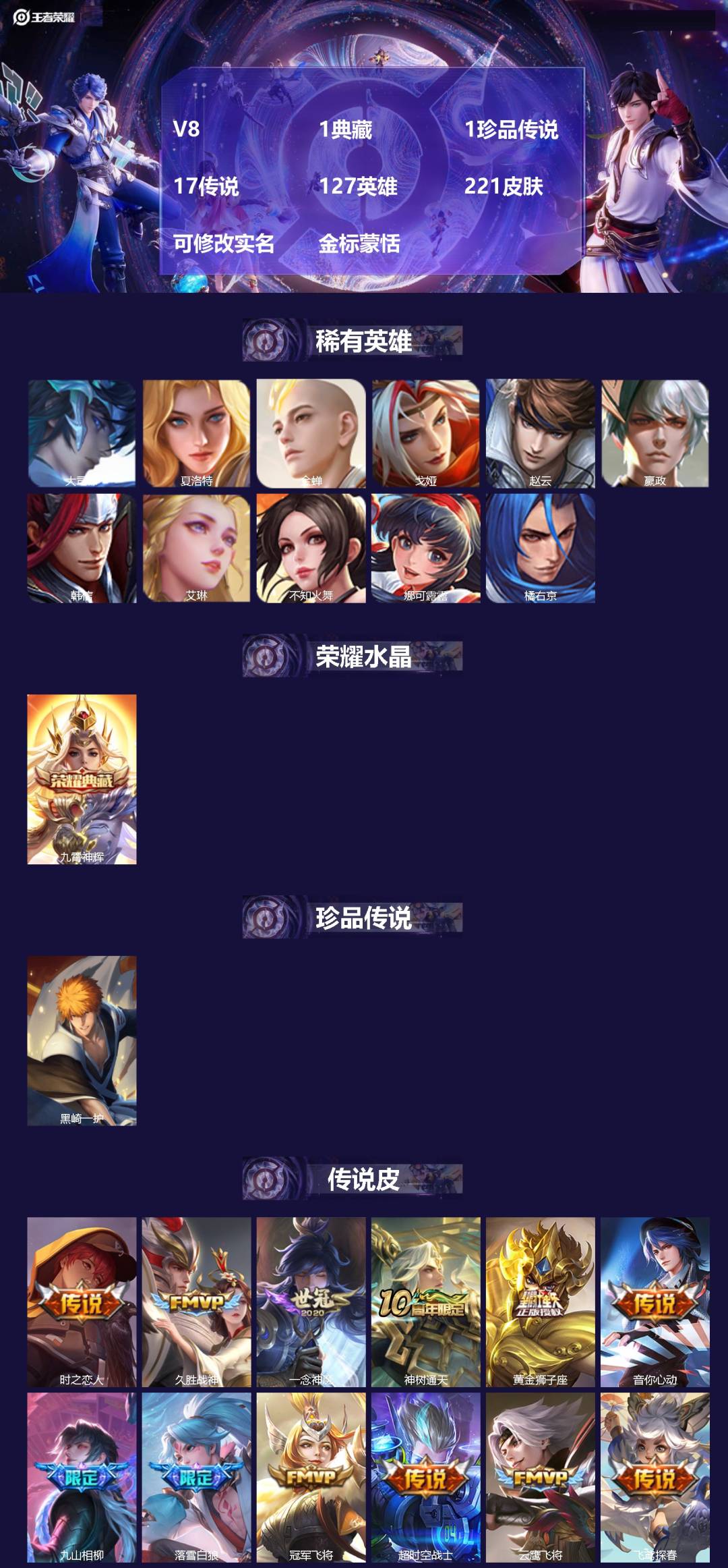 王者荣耀账号安卓VX127英雄-221皮肤-[]V8 1典藏 1珍品传说 17传说 127英雄 221皮肤 可修改实名 