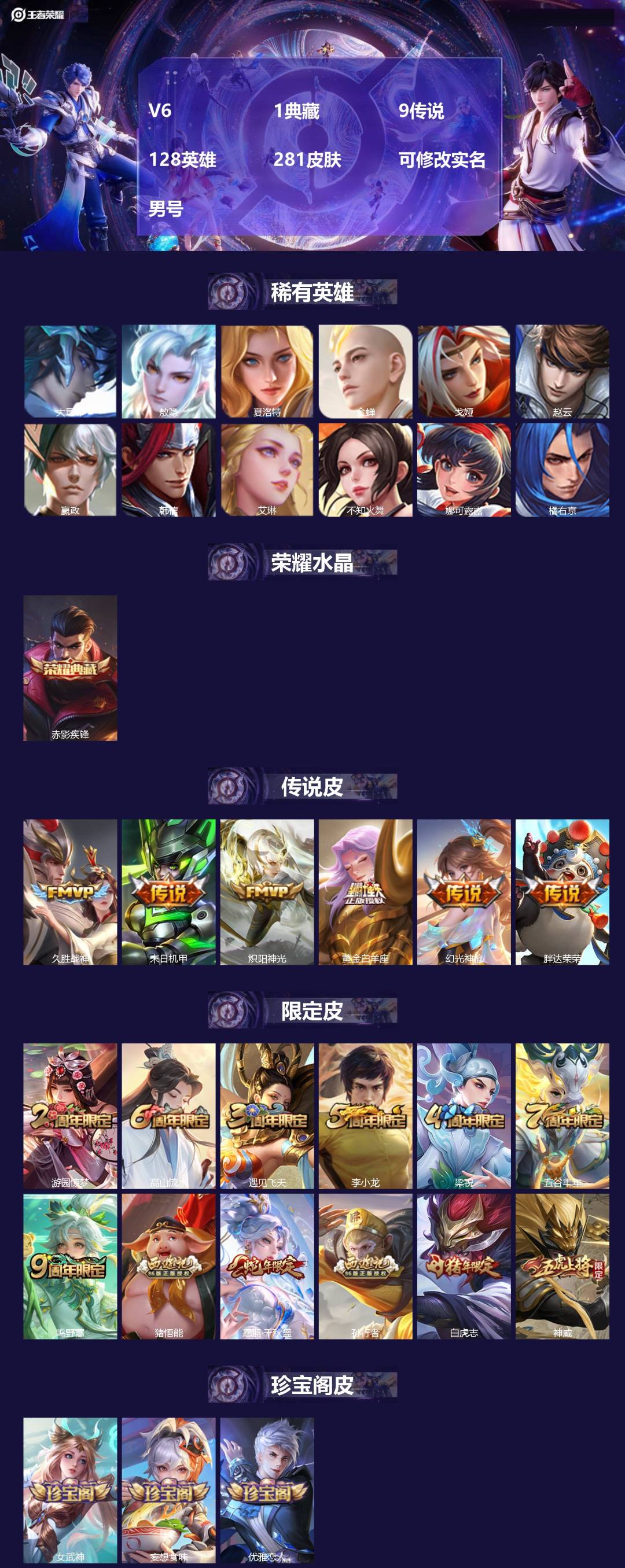 王者荣耀账号苹果QQ128英雄-281皮肤-[]V6 1典藏 9传说 128英雄 281皮肤 可修改实名 男号 
【英雄