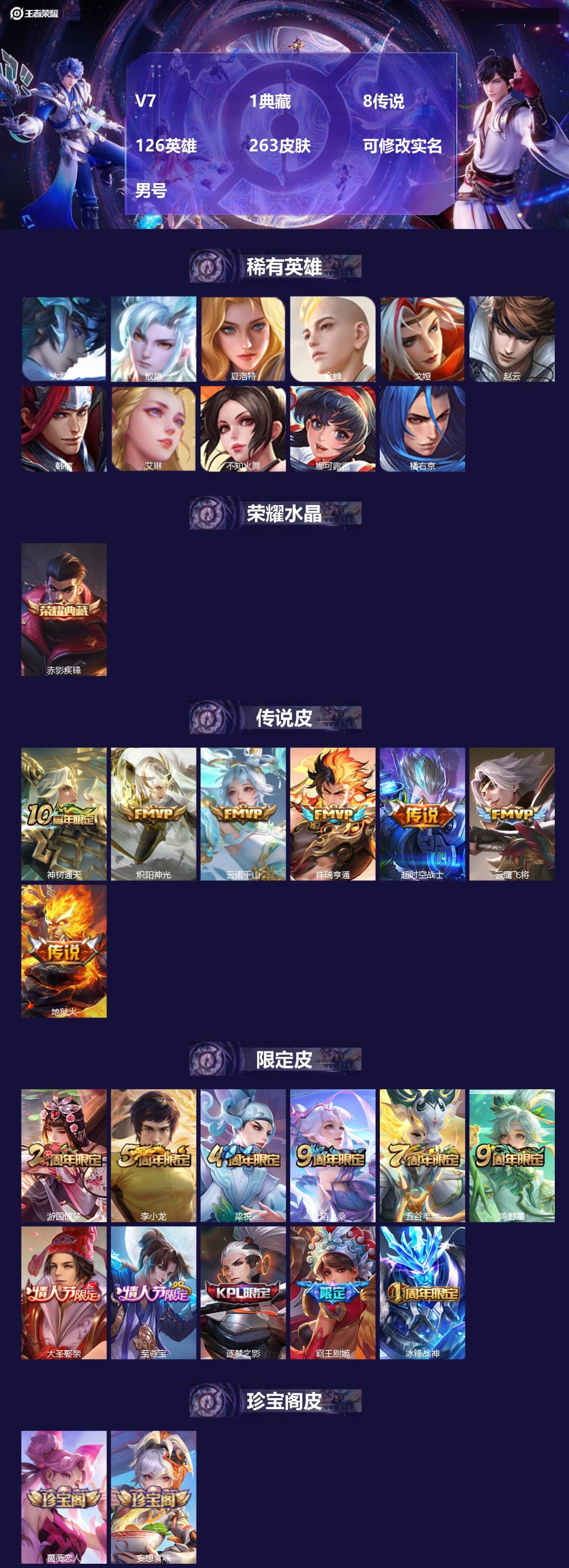 王者荣耀账号苹果QQ126英雄-263皮肤-[]V7 1典藏 8传说 126英雄 263皮肤 可修改实名 男号 
【英雄