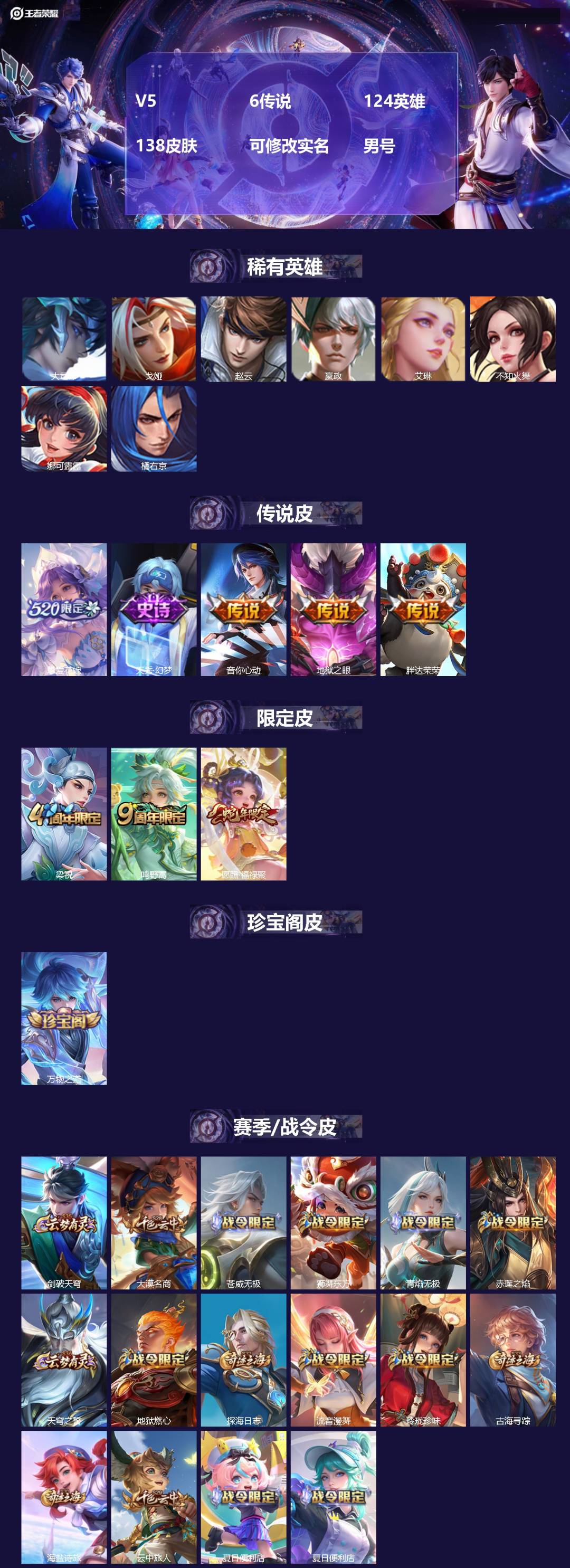 王者荣耀账号安卓QQ124英雄-138皮肤-[]V5 6传说 124英雄 138皮肤 可修改实名 男号 
【英雄全皮】大