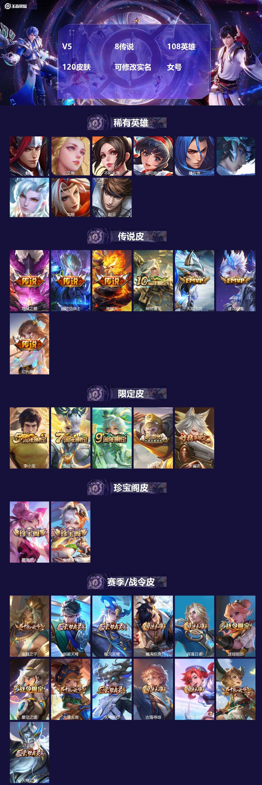 王者荣耀账号安卓QQ[16951401]V5 8传说 108英雄 120皮肤 可修改实名 女号 
【英雄全皮】蚩奼全皮,