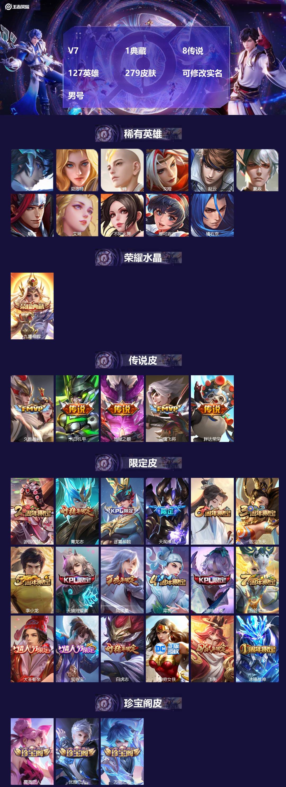 王者荣耀账号安卓QQ127英雄-279皮肤-[]V7 1典藏 8传说 127英雄 279皮肤 可修改实名 男号 
【英雄