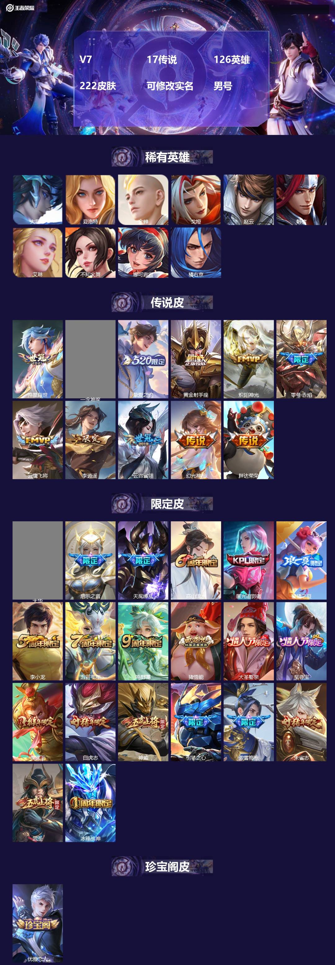 王者荣耀账号苹果QQ126英雄-222皮肤-[]V7 17传说 126英雄 222皮肤 可修改实名 男号 
【英雄全皮】