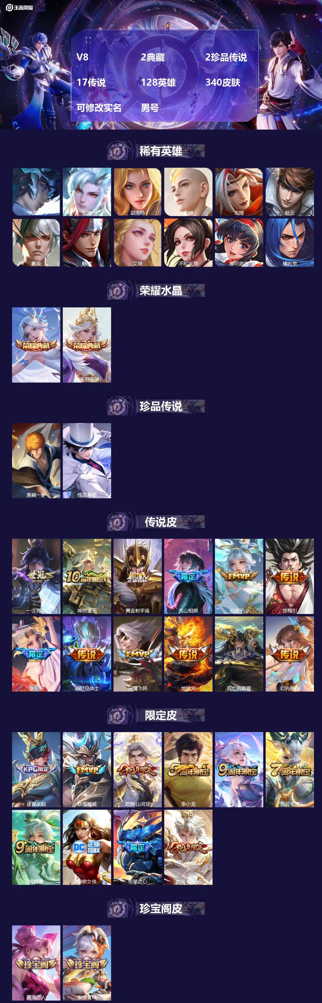 王者荣耀账号安卓VX128英雄-340皮肤-[]V8 2典藏 2珍品传说 17传说 128英雄 340皮肤 可修改实名 