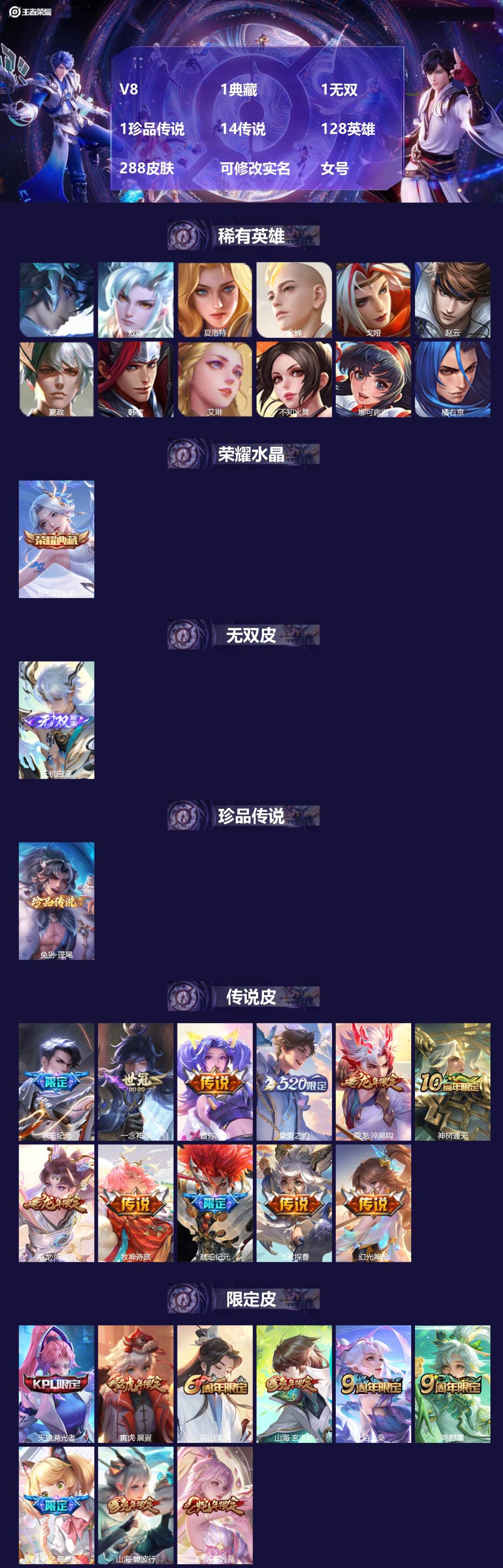 王者荣耀账号安卓QQ[16982533]V8 1典藏 1无双 1珍品传说 14传说 128英雄 288皮肤 可修改实名 