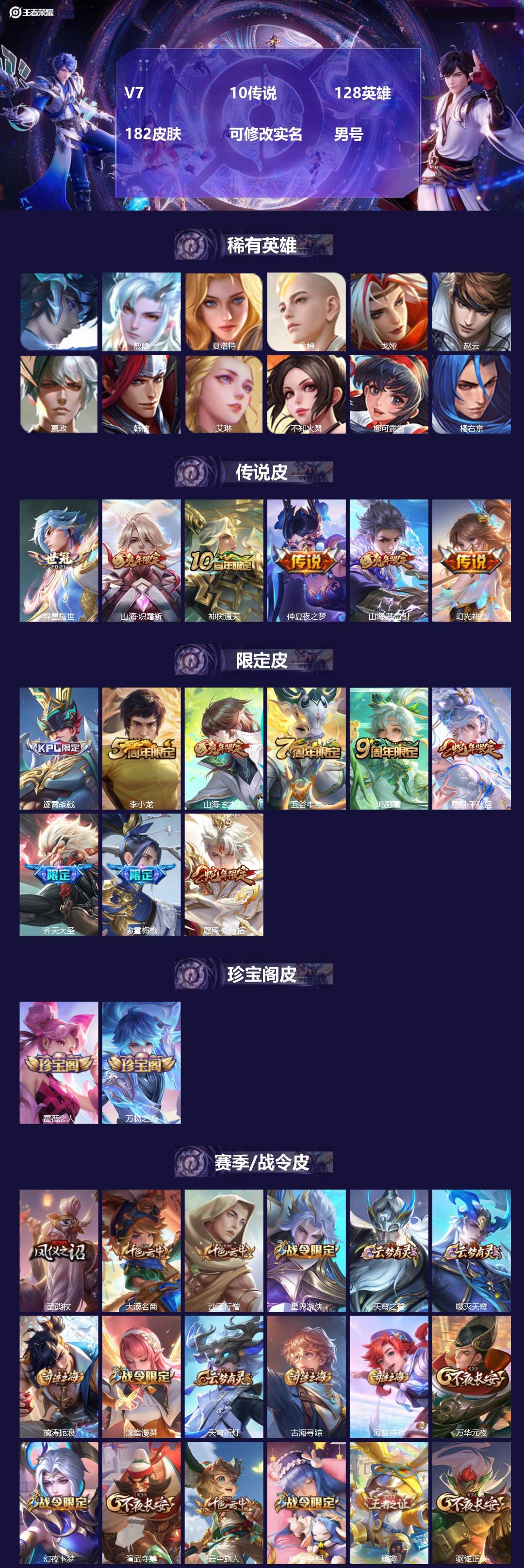王者荣耀账号苹果QQ128英雄-182皮肤-[]V7 10传说 128英雄 182皮肤 可修改实名 男号 
【英雄全皮】