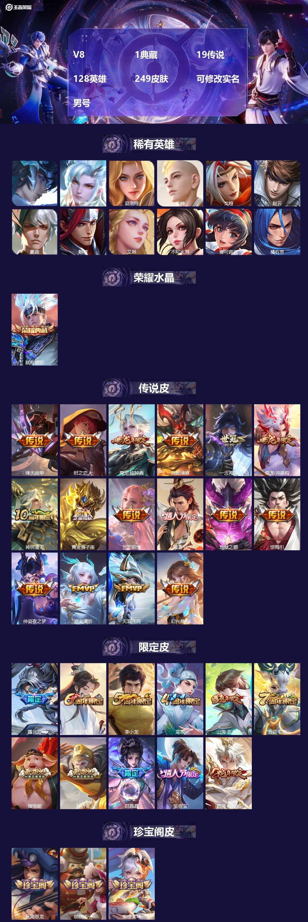 王者荣耀账号安卓QQ128英雄-249皮肤-[]V8 1典藏 19传说 128英雄 249皮肤 可修改实名 男号 
【英
