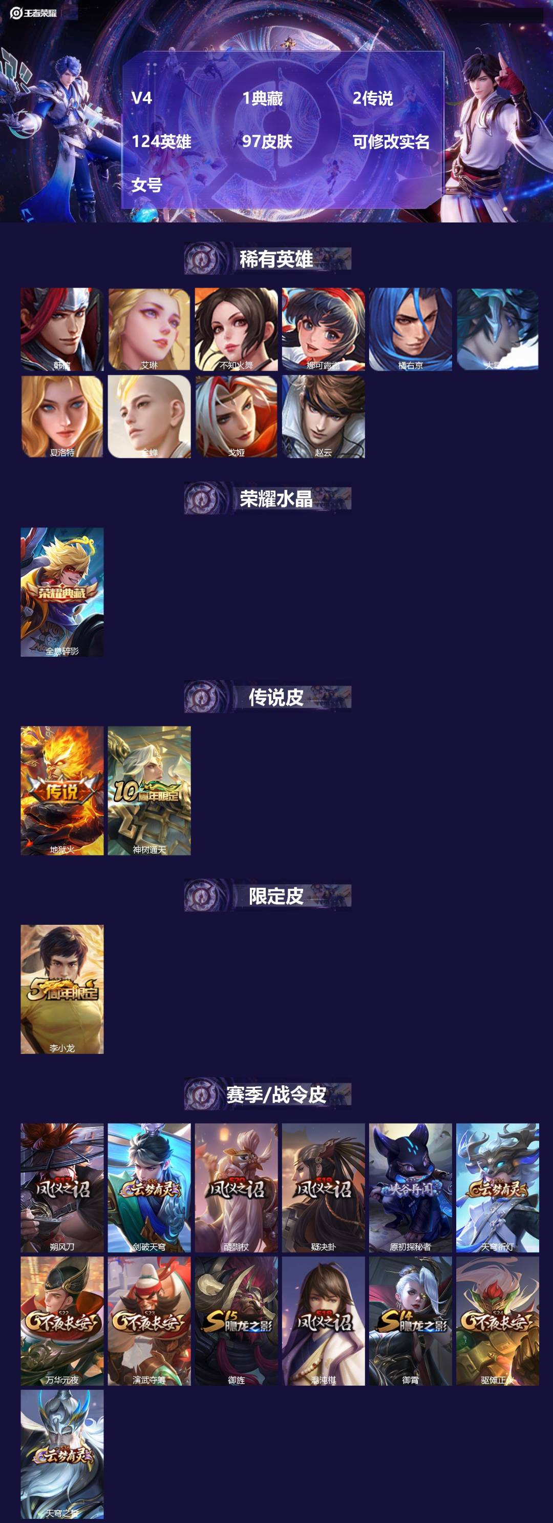 王者荣耀账号安卓QQ[16984508]V4 1典藏 2传说 124英雄 97皮肤 可修改实名 女号 
【稀有英雄】大司