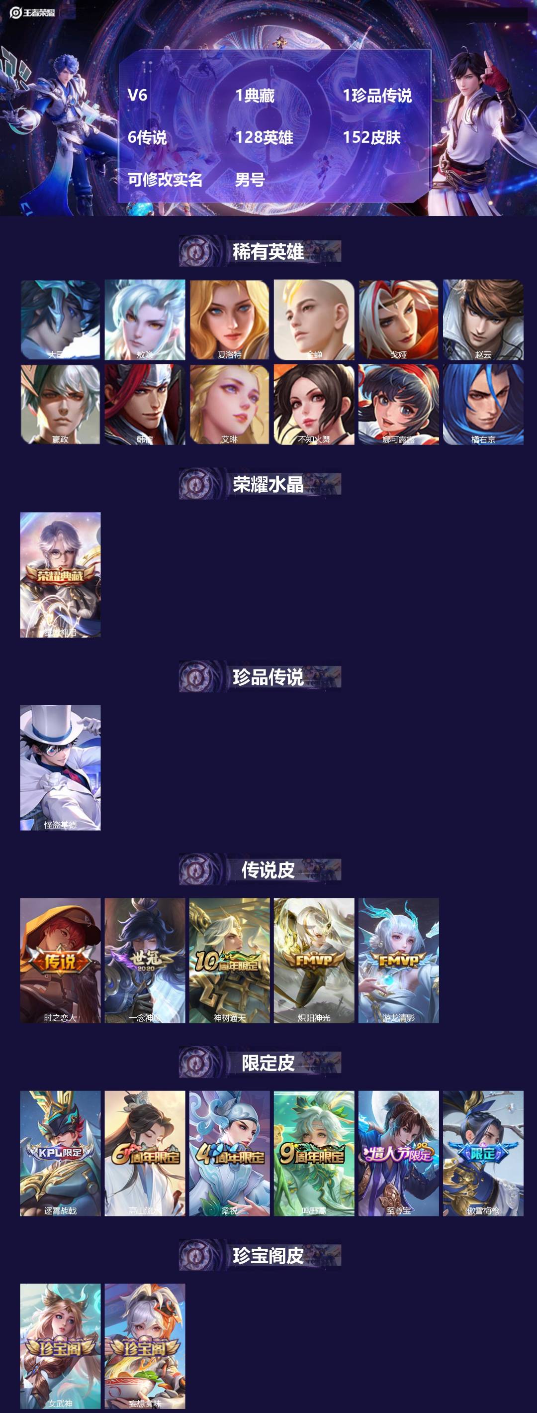 王者荣耀账号安卓QQ[16988230]V6 1典藏 1珍品传说 6传说 128英雄 152皮肤 可修改实名 男号 
【