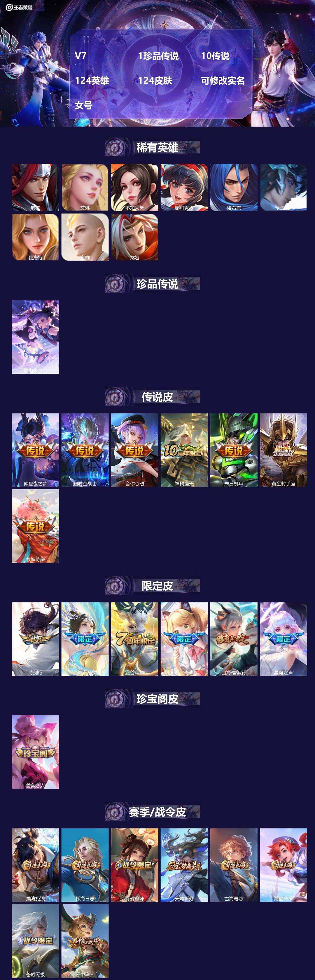 王者荣耀账号苹果VX124英雄-124皮肤-[]V7 1珍品传说 10传说 124英雄 124皮肤 可修改实名 女号 
