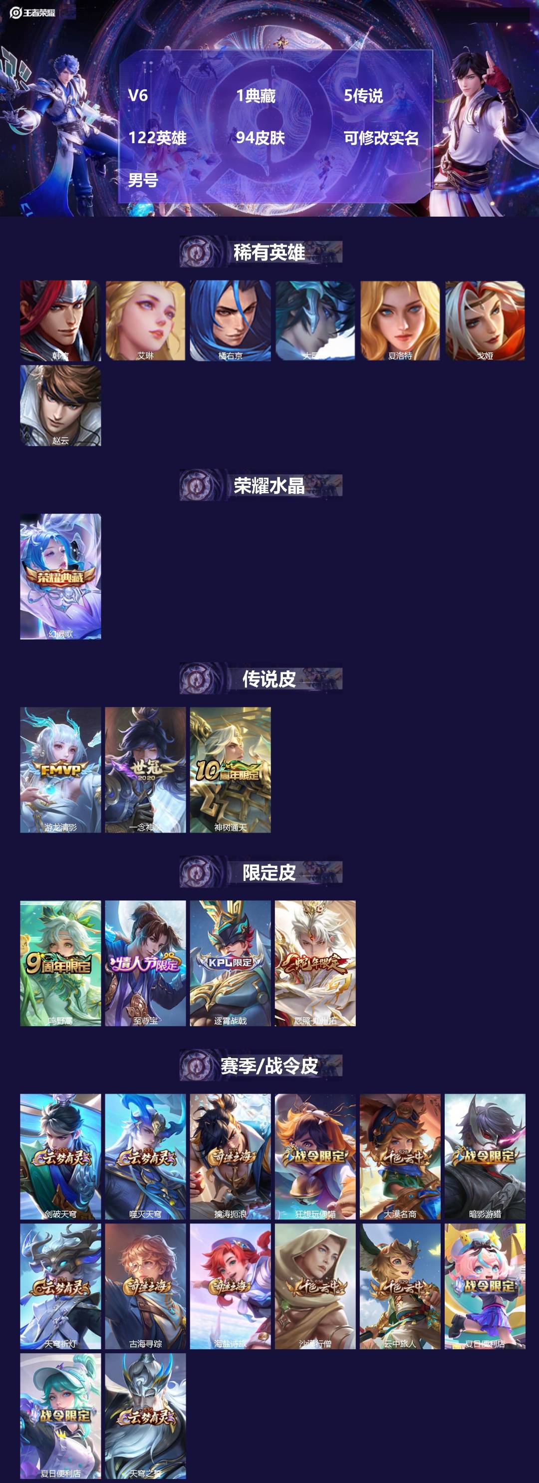 王者荣耀账号安卓QQ122英雄-94皮肤-[]V6 1典藏 5传说 122英雄 94皮肤 可修改实名 男号 
【英雄全皮