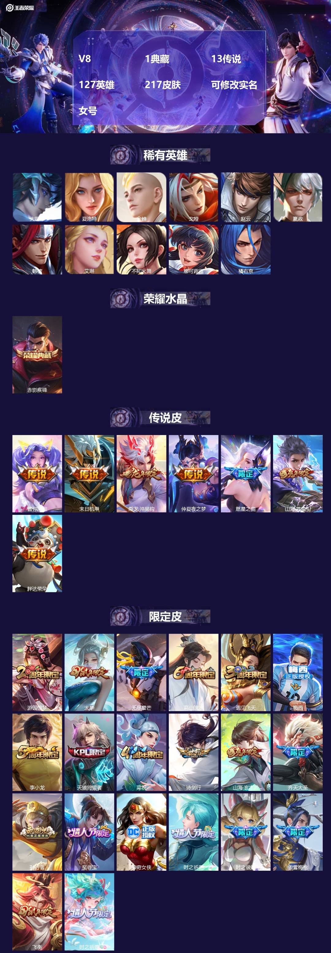 王者荣耀账号安卓QQ127英雄-217皮肤-[]V8 1典藏 13传说 127英雄 217皮肤 可修改实名 女号 
【英