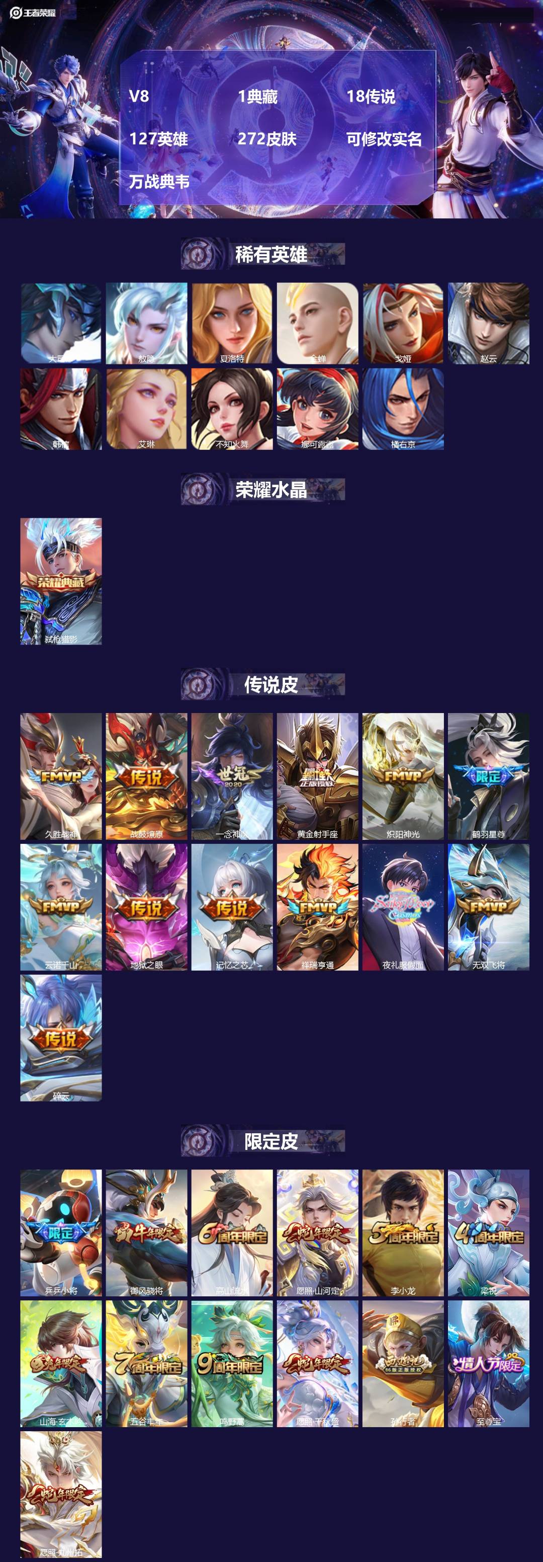 王者荣耀账号安卓QQ[17001543]V8 1典藏 18传说 127英雄 272皮肤 可修改实名 万战典韦
【英雄全皮