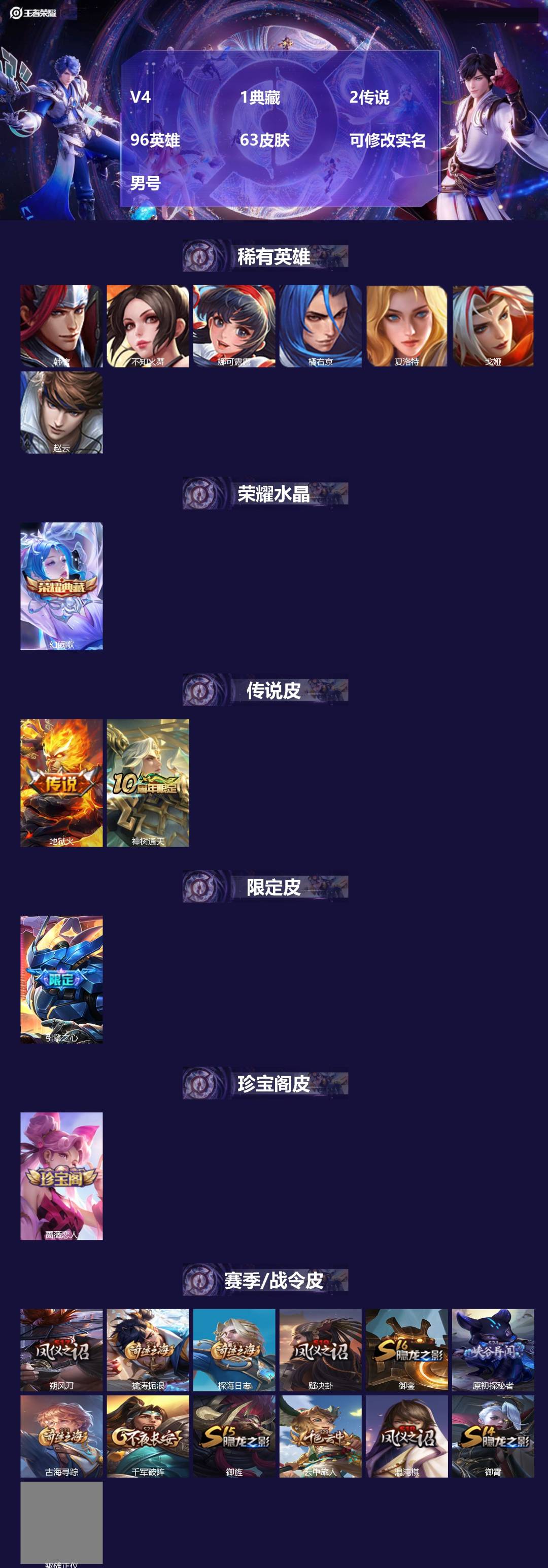 王者荣耀账号安卓QQ96英雄-63皮肤-[]V4 1典藏 2传说 96英雄 63皮肤 可修改实名 男号 
【稀有英雄】韩