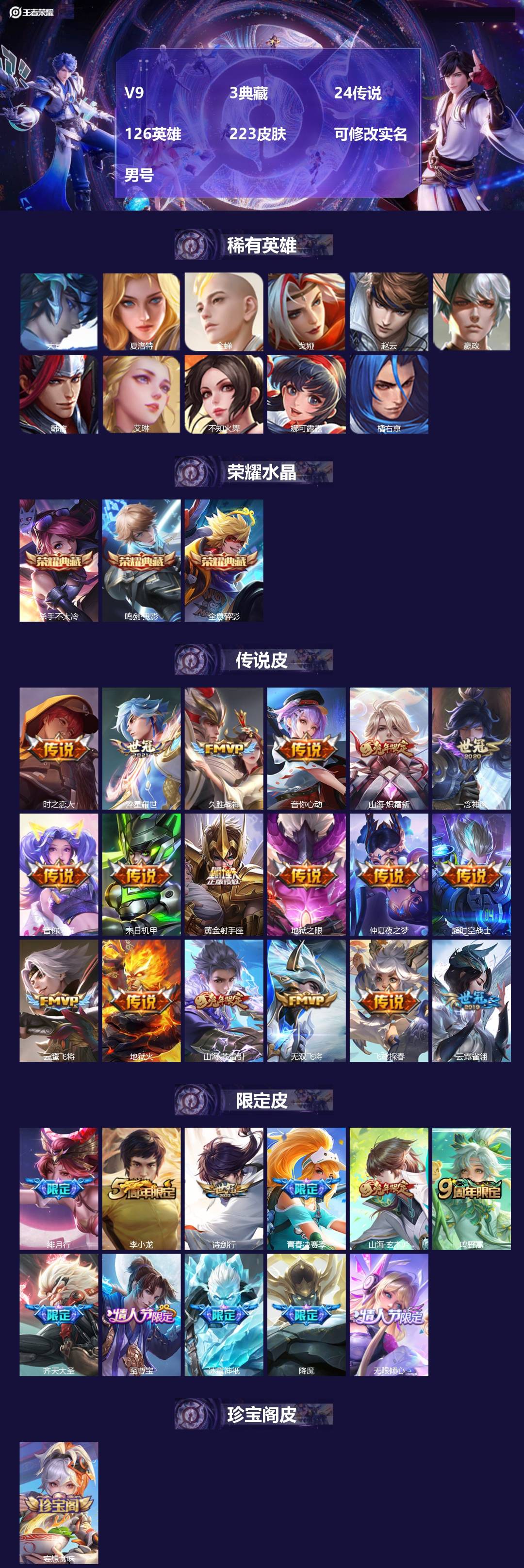 王者荣耀账号安卓QQ[17005362]V9 3典藏 24传说 126英雄 223皮肤 可修改实名 男号 
【稀有英雄】