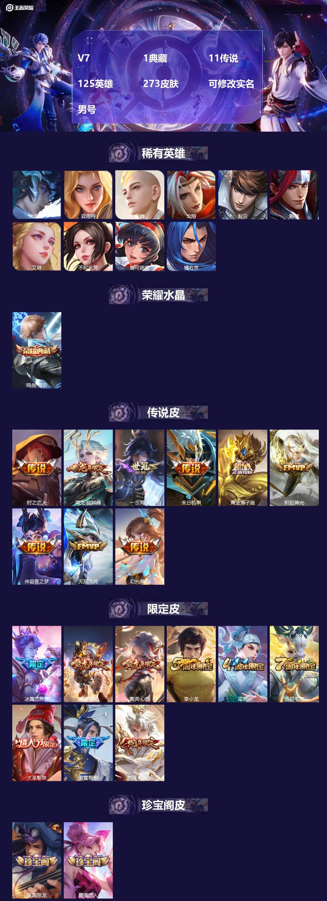 王者荣耀账号安卓QQ[17008190]V7 1典藏 11传说 125英雄 273皮肤 可修改实名 男号 
【稀有英雄】