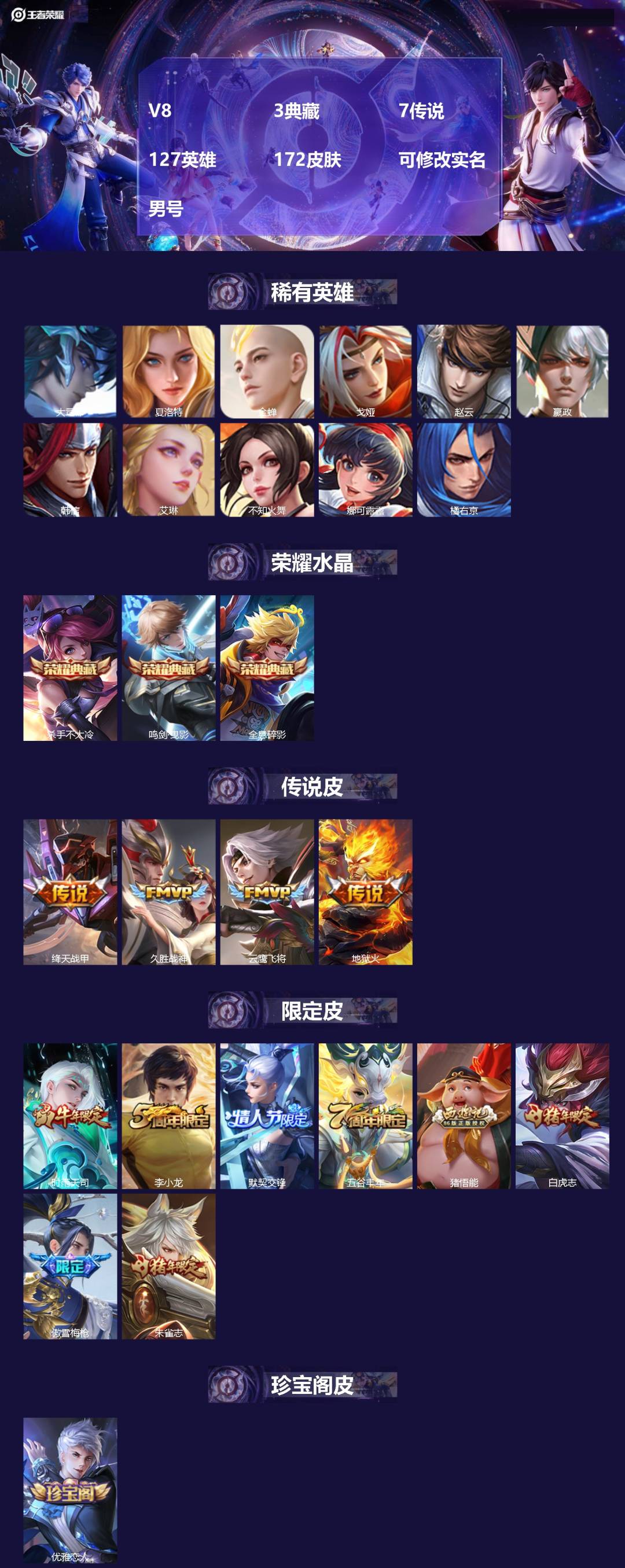 王者荣耀账号苹果QQ[17022904]V8 3典藏 7传说 127英雄 172皮肤 可修改实名 男号 
【英雄全皮】猪