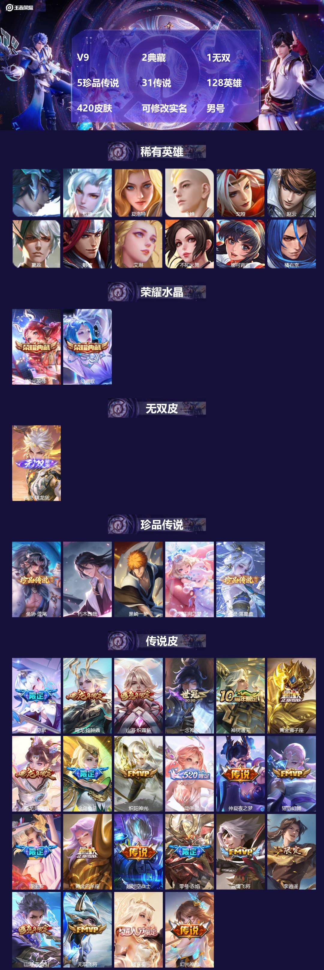 王者荣耀账号安卓QQ[17024696]V9 2典藏 1无双 5珍品传说 31传说 128英雄 420皮肤 可修改实名 