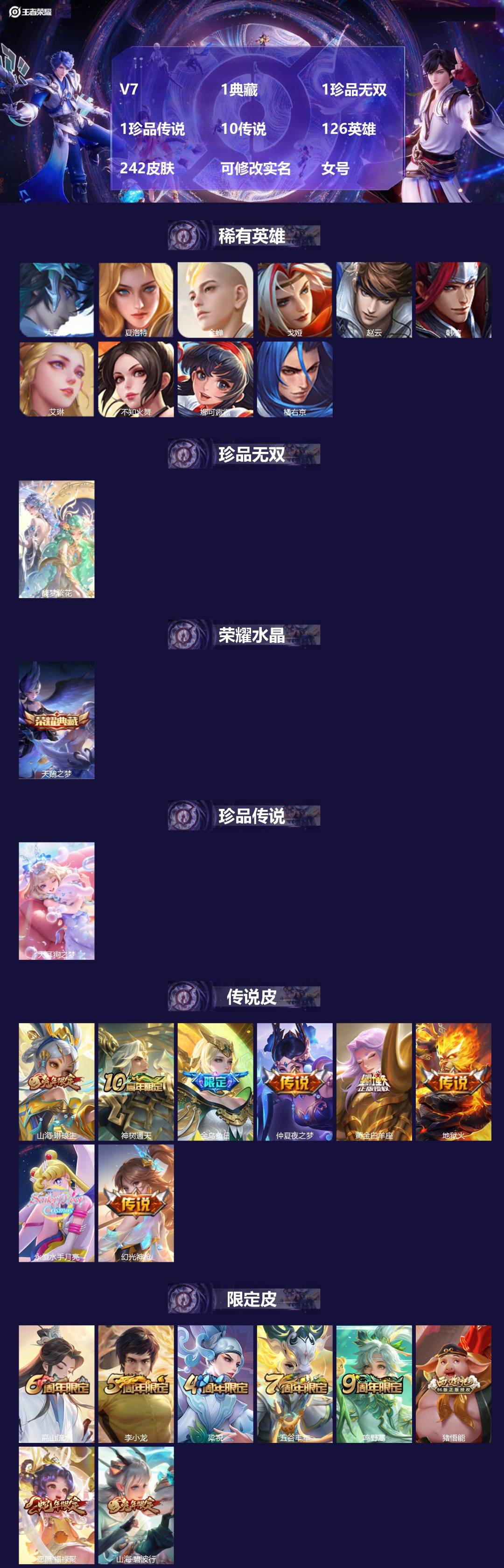 王者荣耀账号安卓QQ126英雄-242皮肤-[]V7 1典藏 1珍品无双 1珍品传说 10传说 126英雄 242皮肤 
