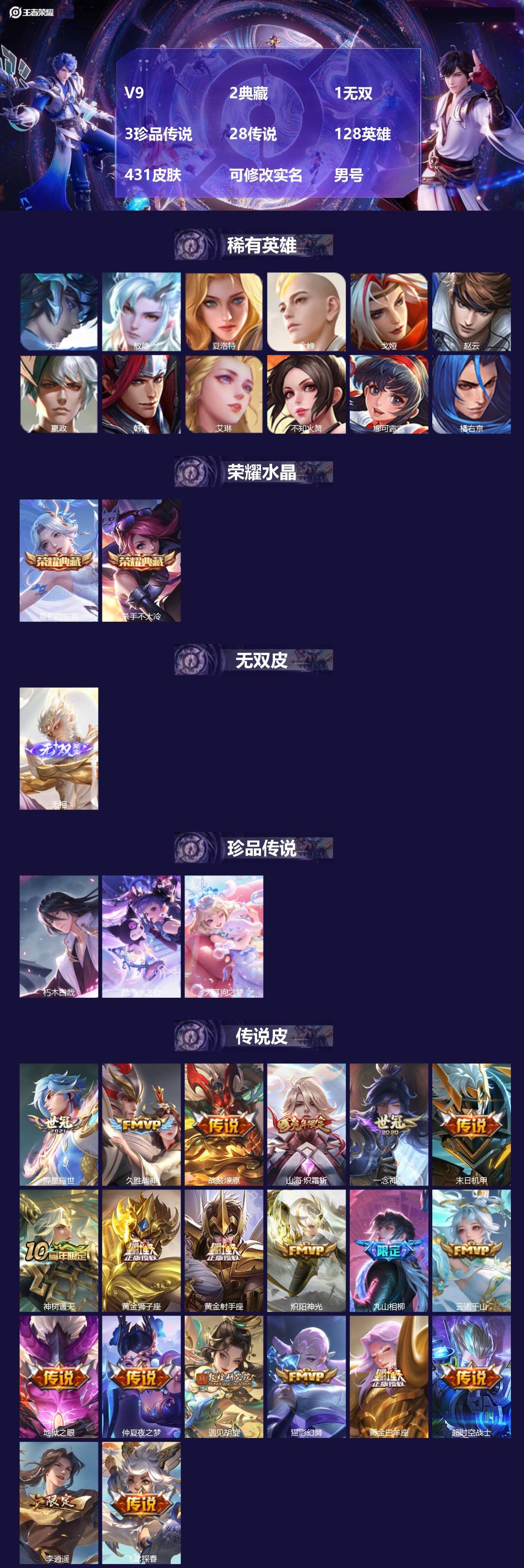 王者荣耀账号苹果QQ128英雄-431皮肤-[]V9 2典藏 1无双 3珍品传说 28传说 128英雄 431皮肤 可修