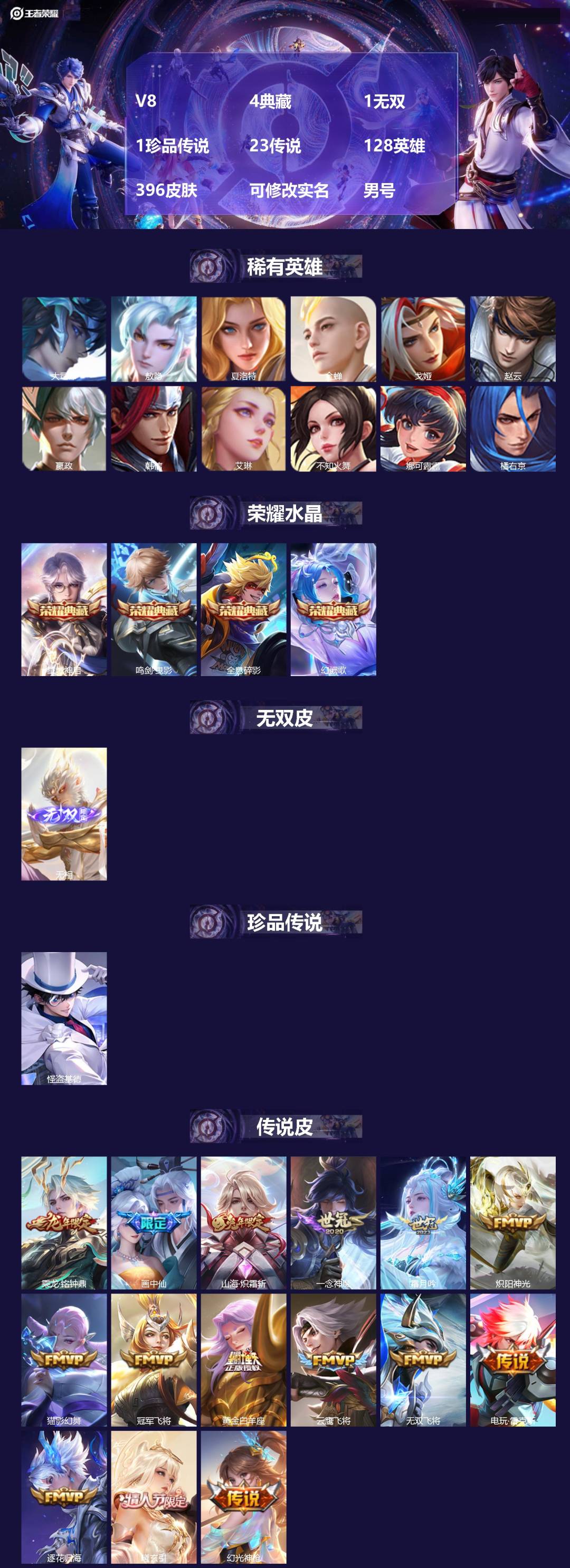 王者荣耀账号安卓QQ[17033260]V8 4典藏 1无双 1珍品传说 23传说 128英雄 396皮肤 可修改实名 