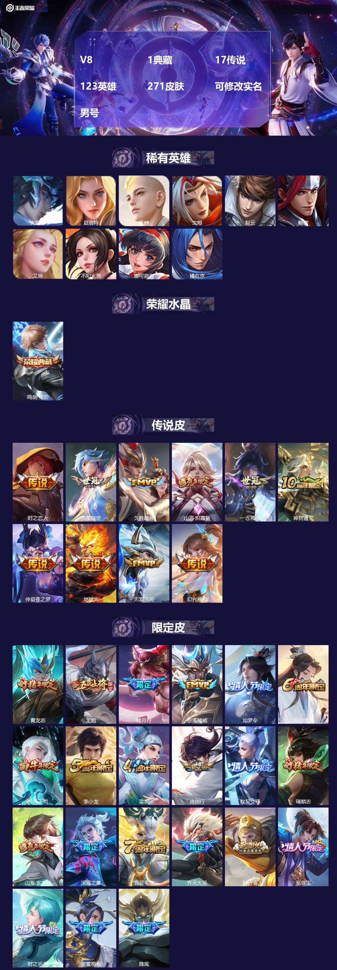 王者荣耀账号安卓QQ[17033304]V8 1典藏 17传说 123英雄 271皮肤 可修改实名 男号 
【英雄全皮】