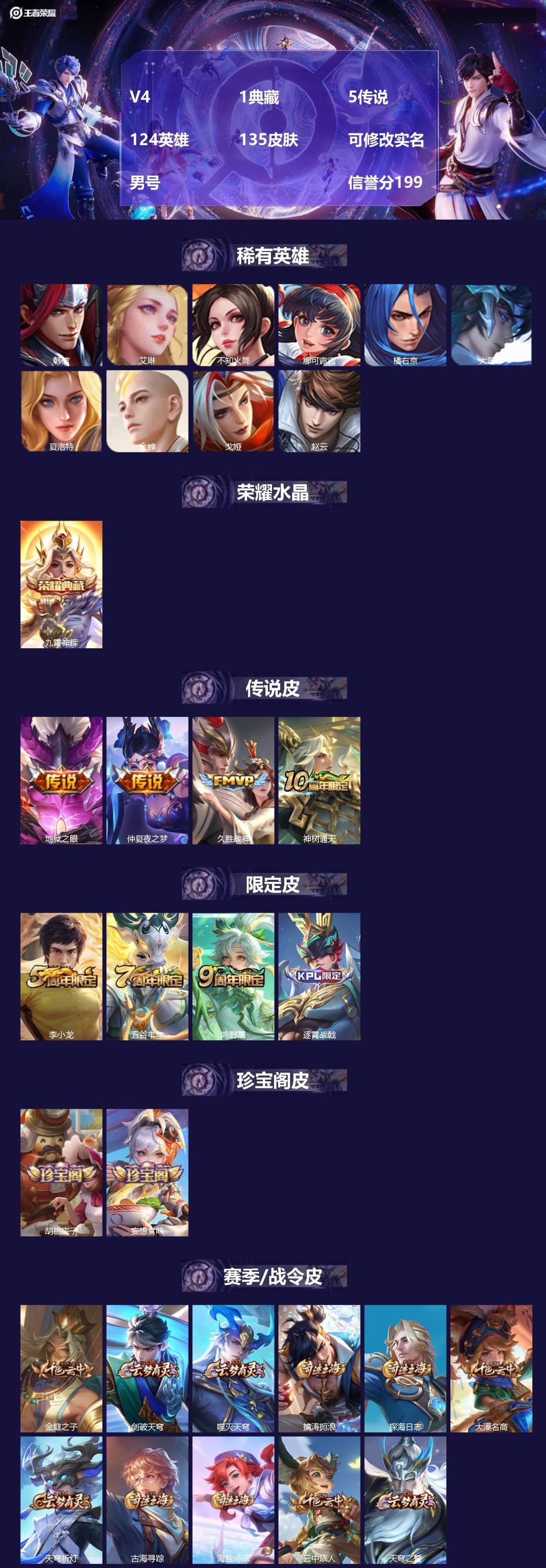 王者荣耀账号苹果QQ[17033319]V4 1典藏 5传说 124英雄 135皮肤 可修改实名 男号  信誉分199
